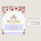 Unicorn Welcome Sign Editable Template for Birthday Party