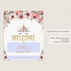 Unicorn Welcome Sign Editable Template for Birthday Party