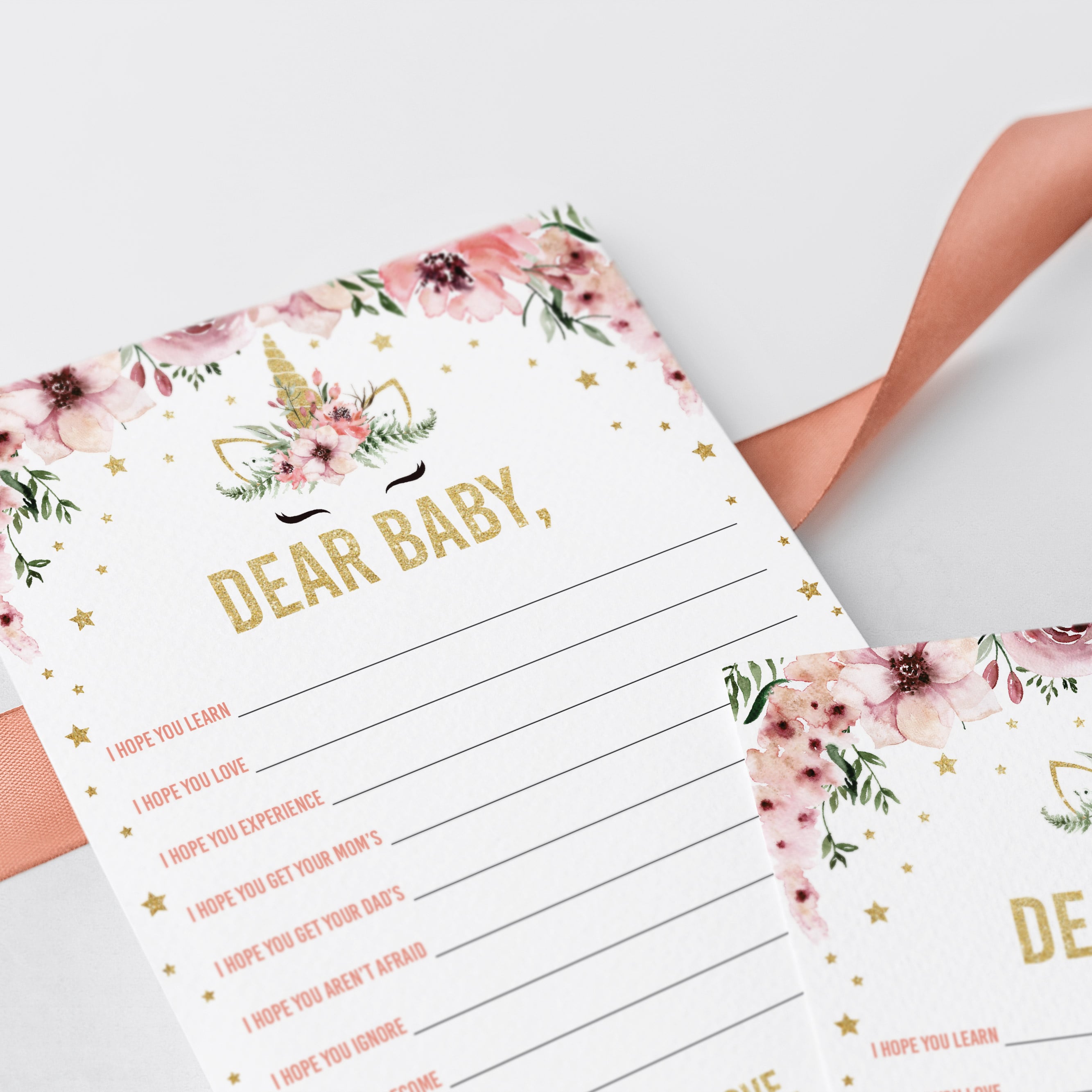 Pink and gold floral unicorn baby shower wish cards by LittleSizzle