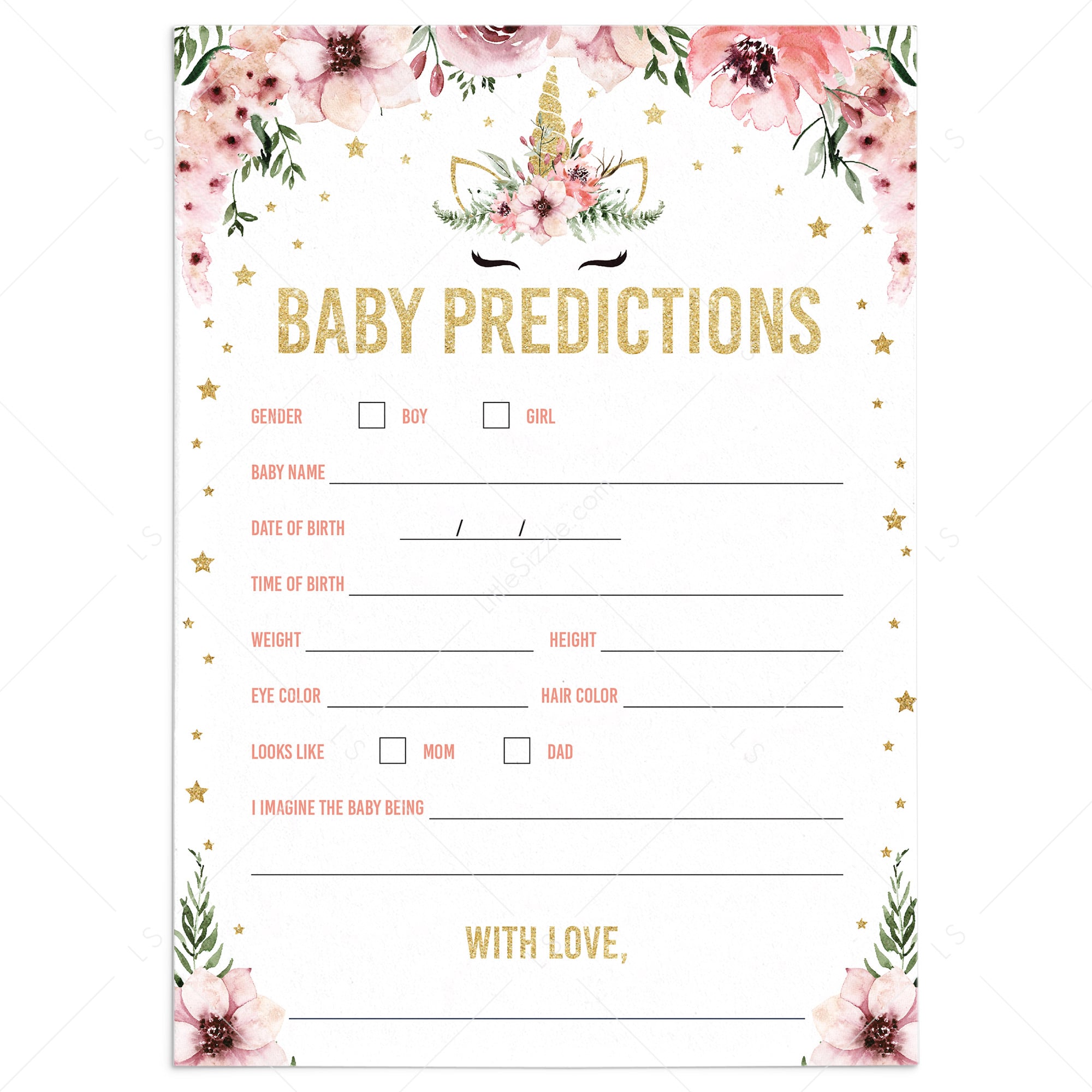 Baby statistics game for unicorn baby shower by LittleSizzle