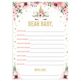 Unicorn theme baby shower dear baby printable cards by LittleSizzle