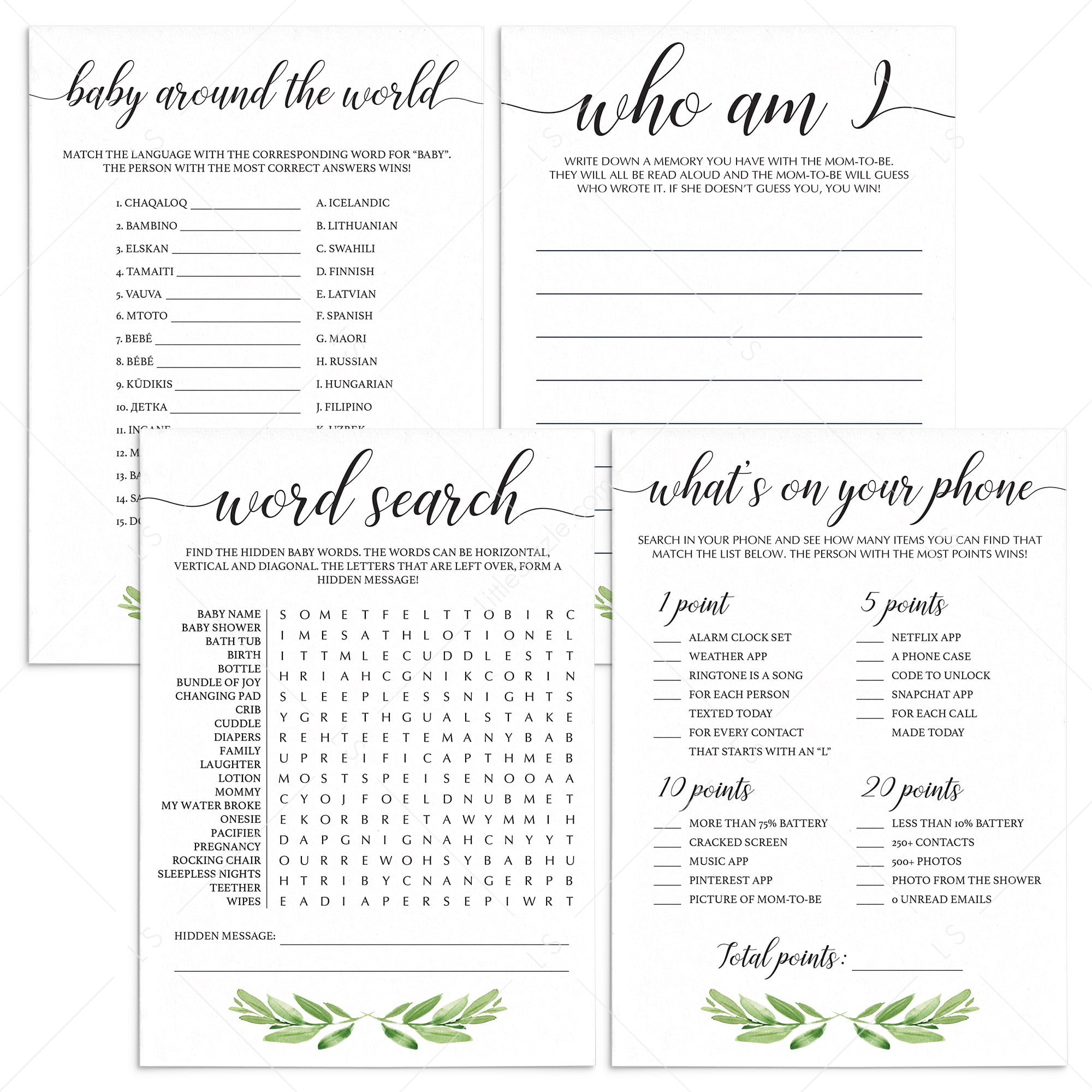 Greenary baby shower games printable by LittleSizzle