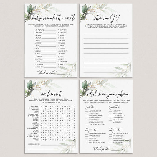 Green and Gold BabyShower Games Package Instant Download by LittleSizzle