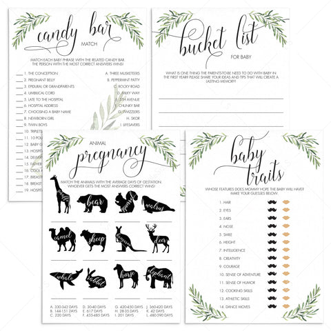 Unique Baby Shower Games Bundle with Green Olive Branches Printable ...