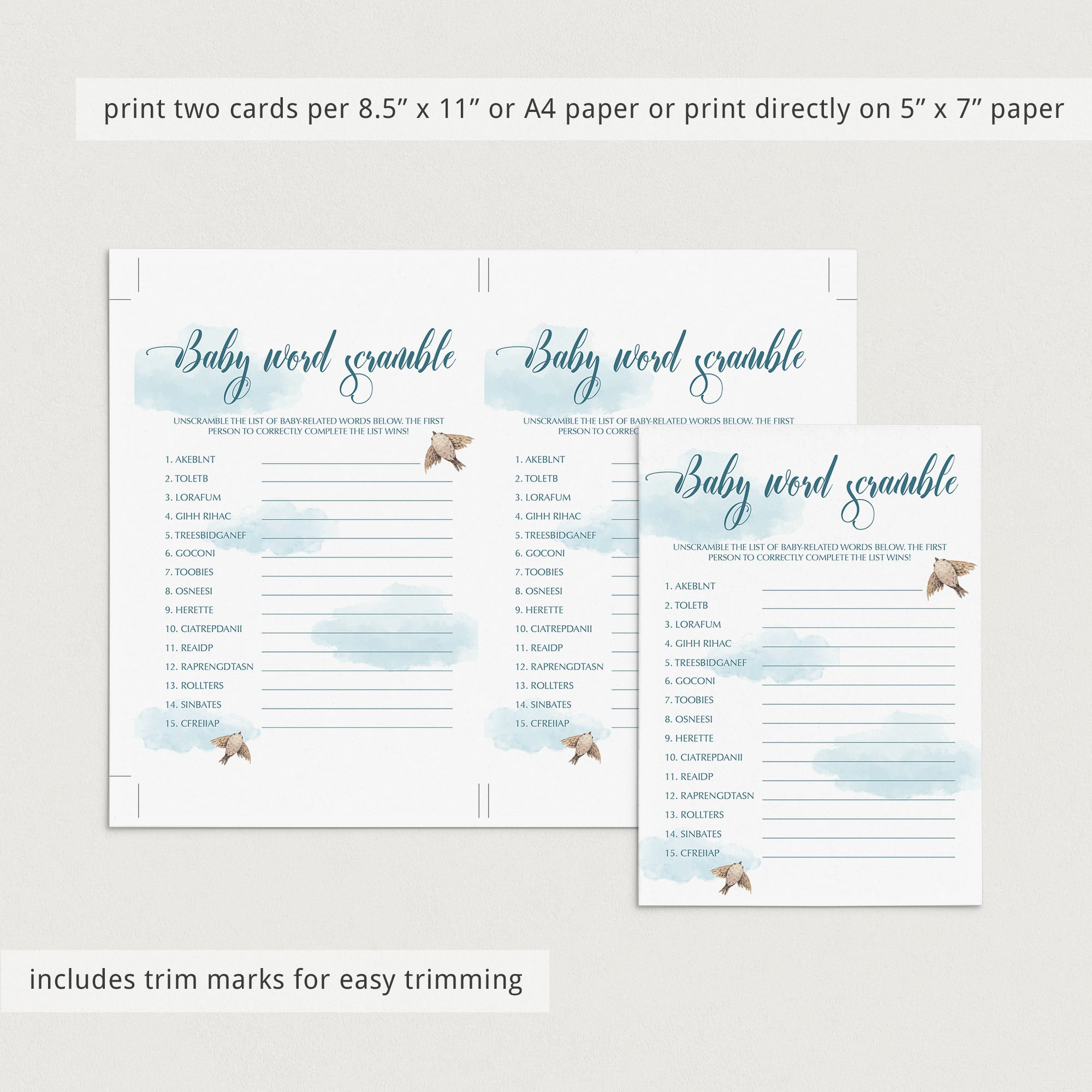 Blue watercolor cloud baby shower games by LittleSizzle