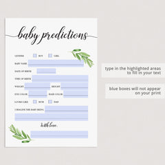 Baby Predictions Card for Greenery Baby Shower Printable And Virtual