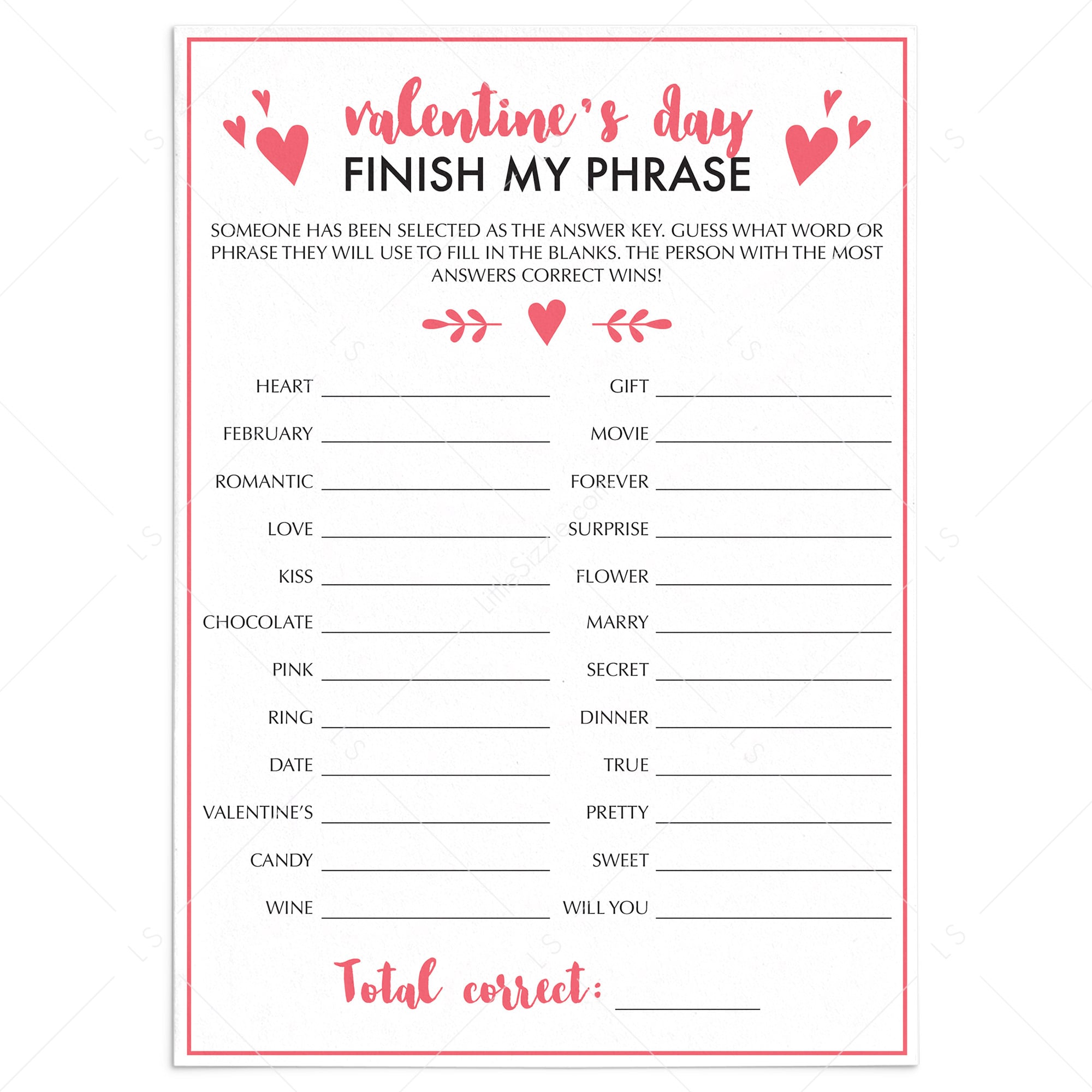 Valentine's Day Party Game Finish My Phrase by LittleSizzle