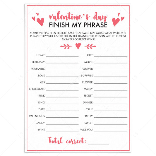 Valentine's Day Party Game Finish My Phrase by LittleSizzle