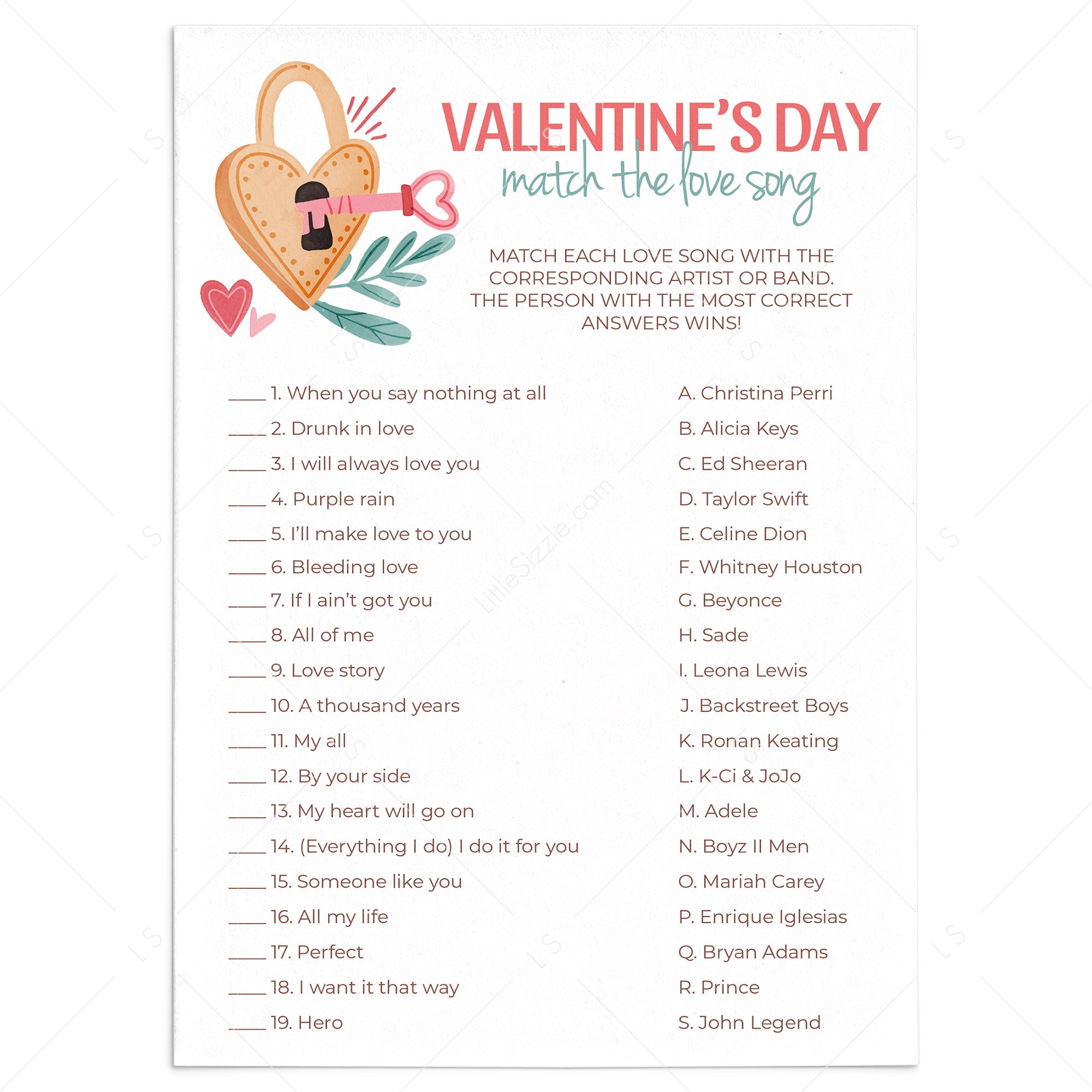 Valentine's Day Party Game | Match The Love Song Printable – LittleSizzle