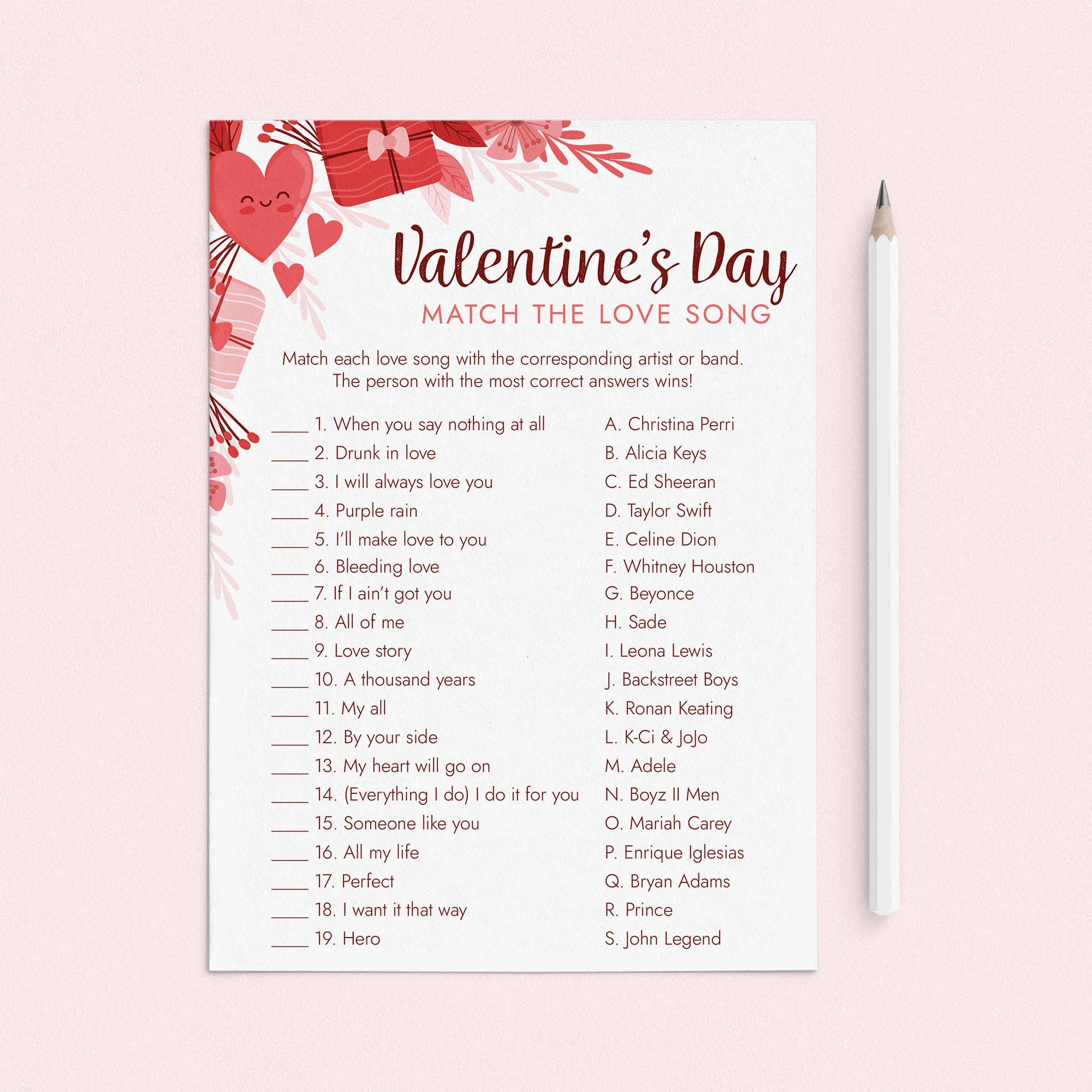 Valentine's Day Love Song Trivia with Answers Printable by LittleSizzle