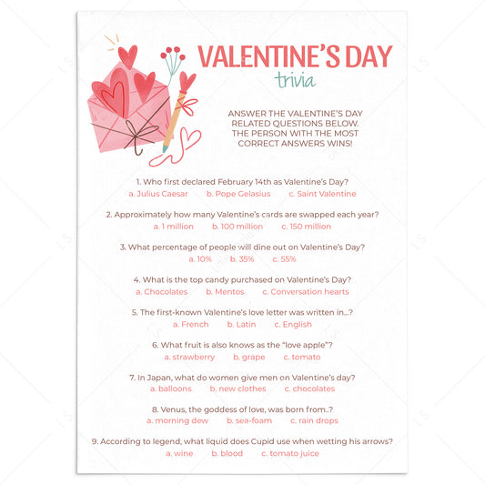 Valentine's Trivia Quiz with Answers Printable by LittleSizzle