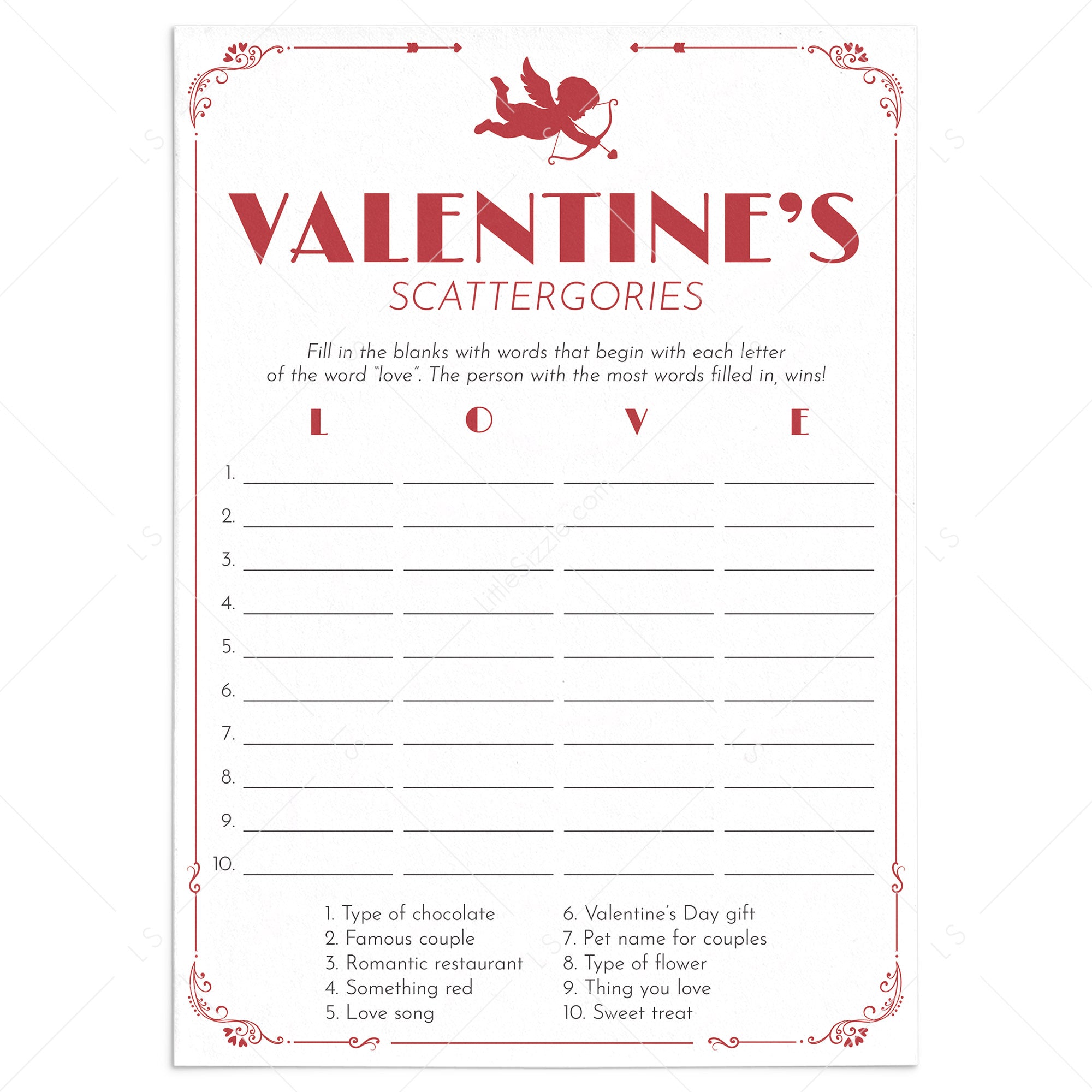 Valentines Game with Cupid Printable Scattergories by LittleSizzle