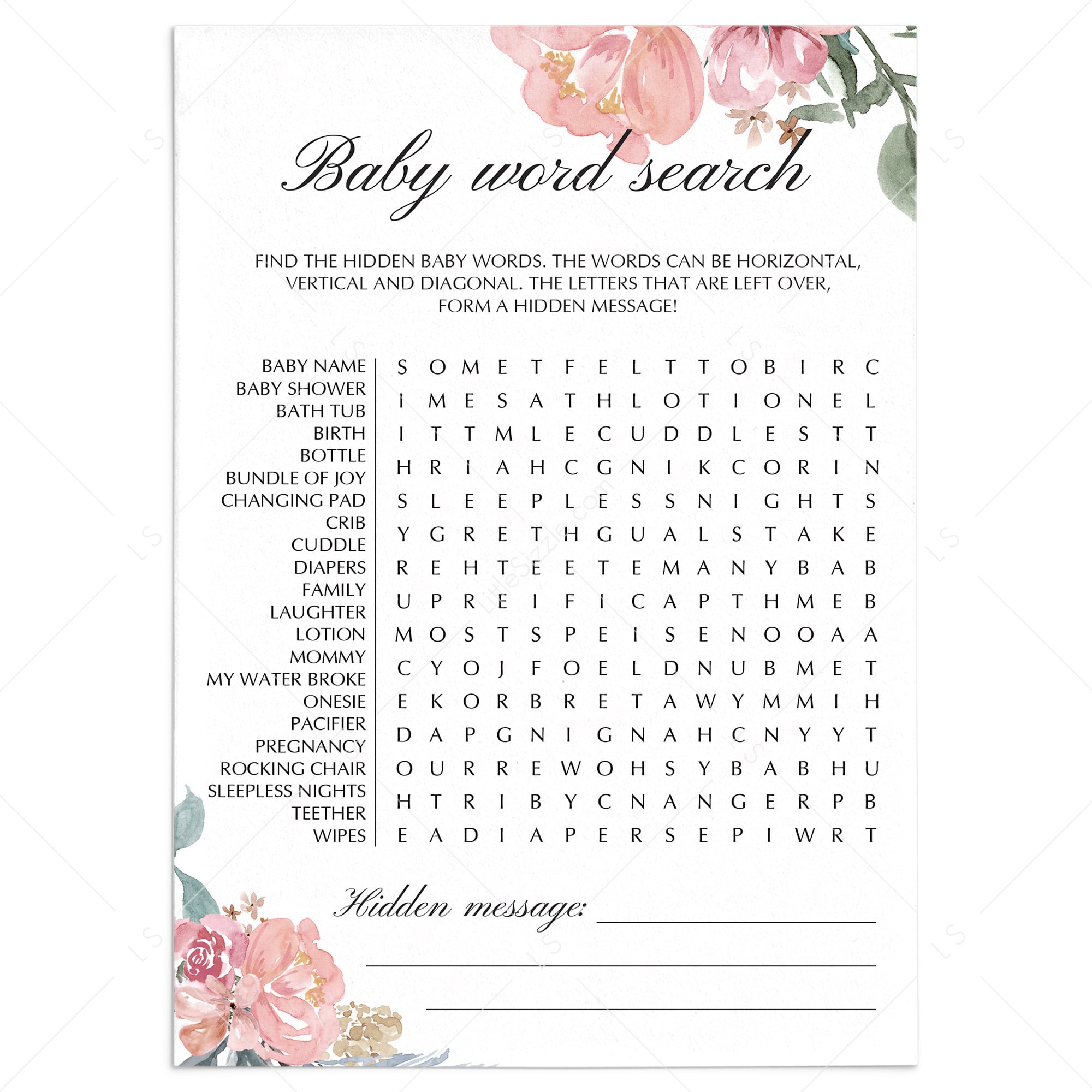 Pink floral baby shower word search game printable by LittleSizzle