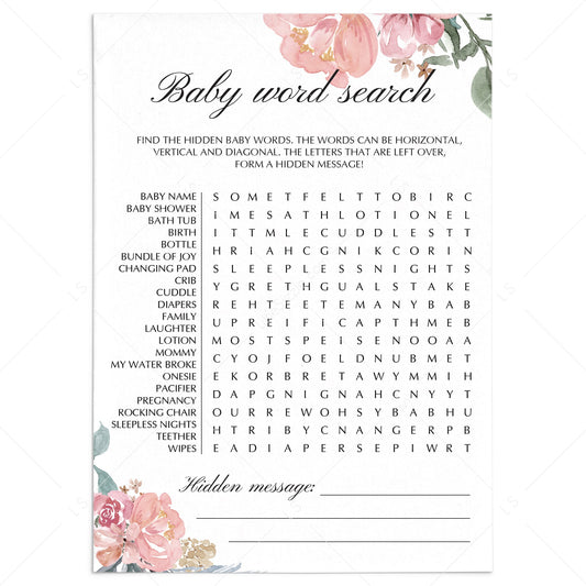 Pink floral baby shower word search game printable by LittleSizzle