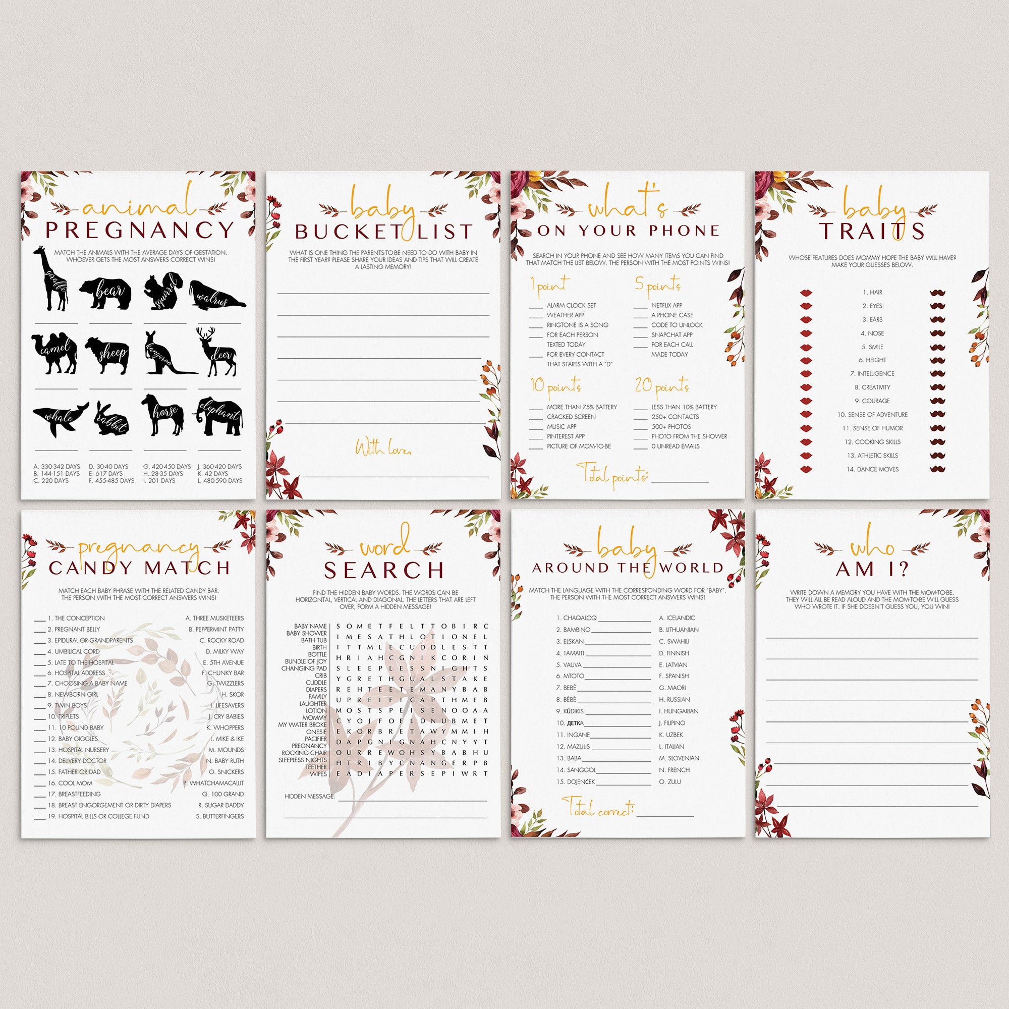 Burgundy Floral Baby Shower Games Kit Printable by LittleSizzle