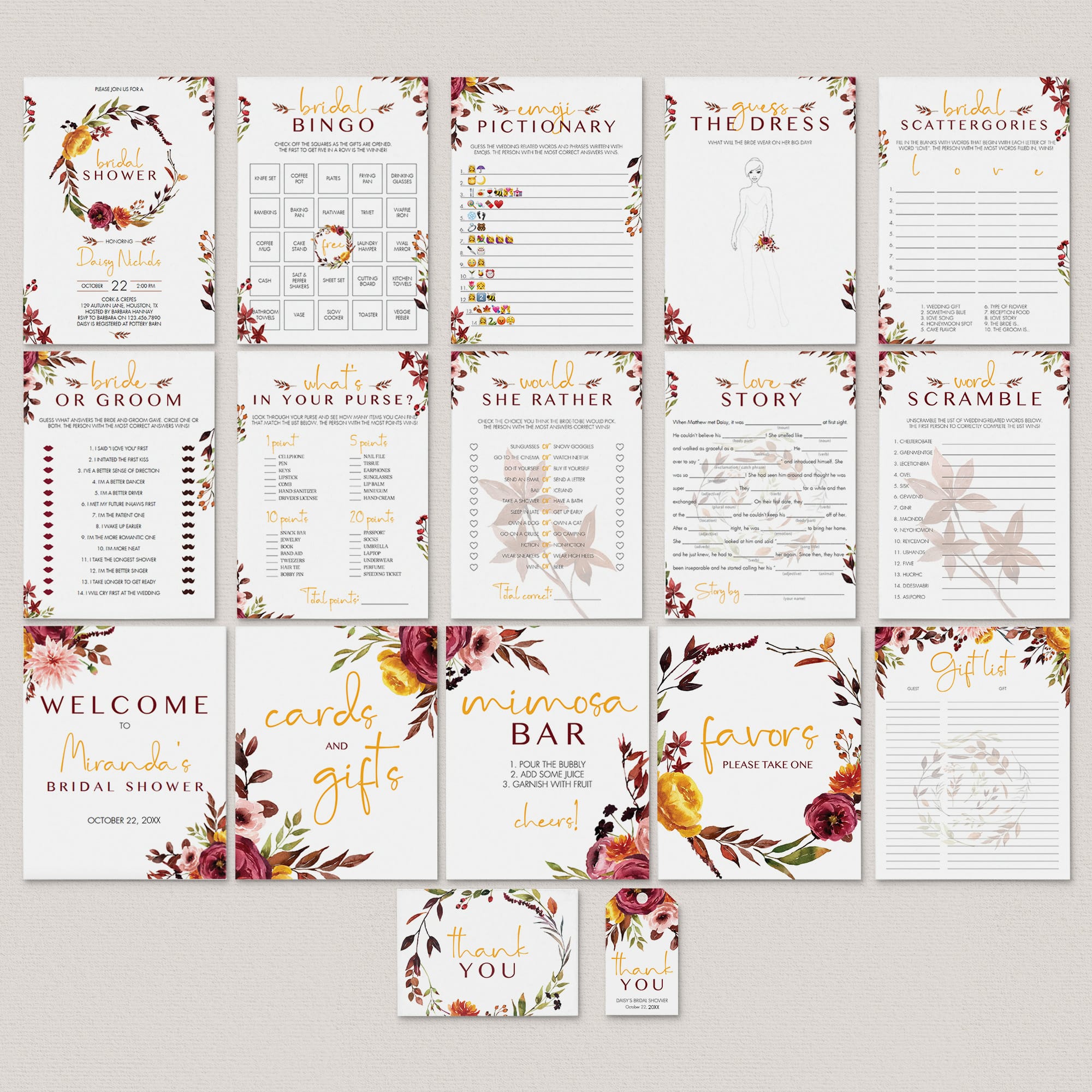 Burgundy Floral Bridal Shower Package Autumn Wedding Printables by LittleSizzle