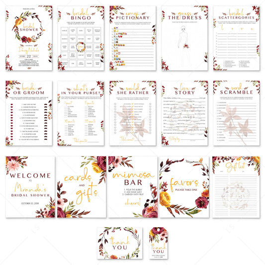 Burgundy Floral Bridal Shower Package Autumn Wedding Printables by LittleSizzle