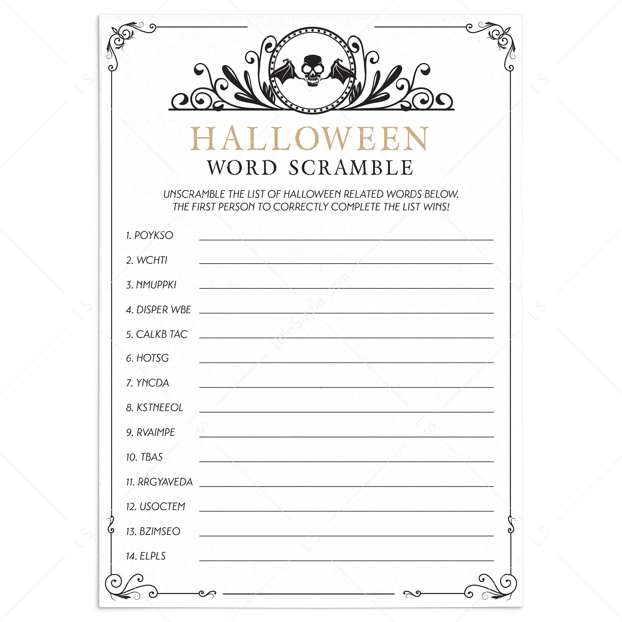 Halloween Word Scramble Printable Gold and Black Skull by LittleSizzle