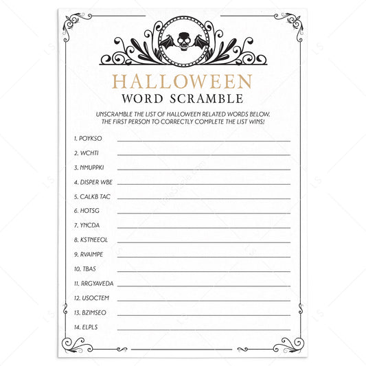 Halloween Word Scramble Printable Gold and Black Skull by LittleSizzle