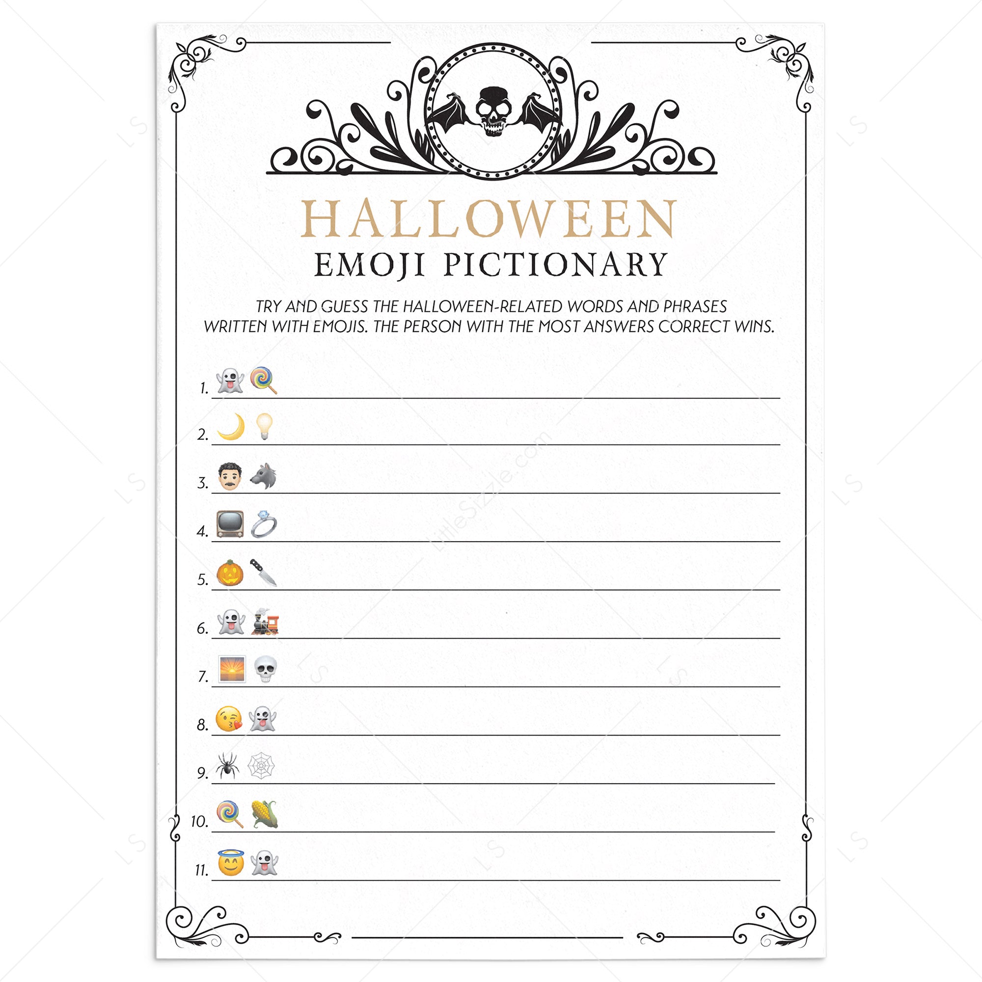 Halloween Emoji Pictionary Printable Vintage Black & Gold by LittleSizzle