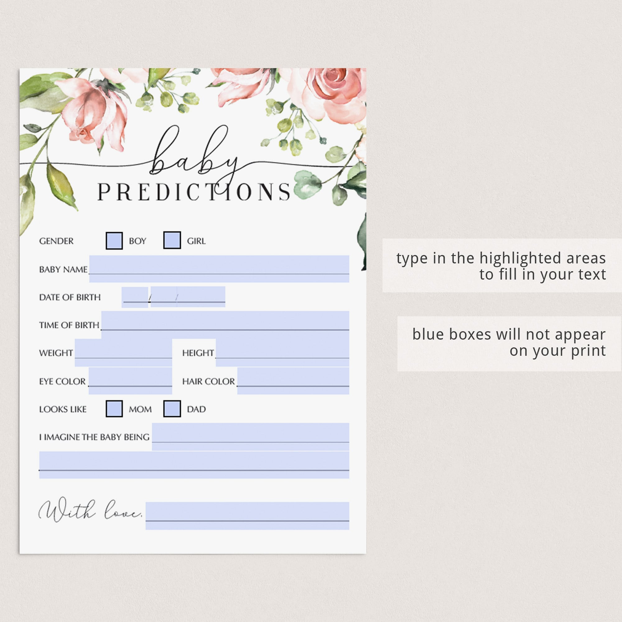 Fillable pdf baby shower prediction cards by LittleSizzle