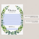Greenery Baby Shower Advice Card Printable & Fillable PDF Template