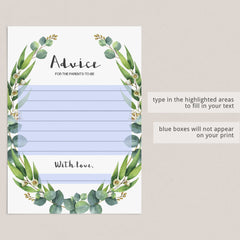 Greenery Baby Shower Advice Card Printable & Fillable PDF Template