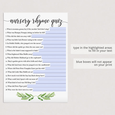 Green Baby Shower Nursery Rhyme Quiz | Virtual & Printable Files ...