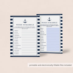 Nautical Baby Shower Word Scramble Printable & Fillable PDF Template