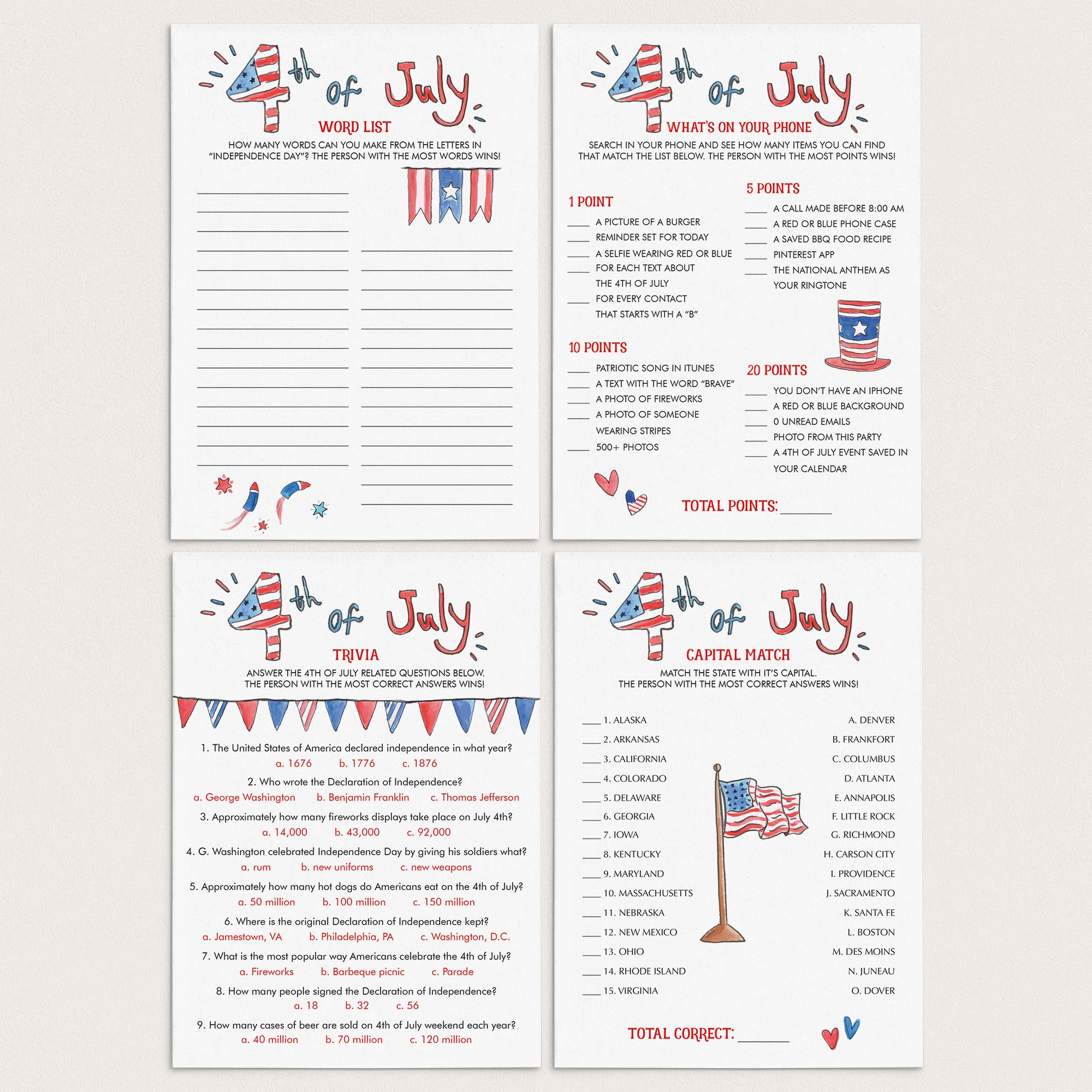 4th of July BBQ Games Bundle Instant Download by LittleSizzle