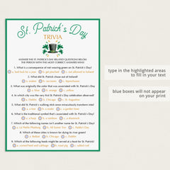 St. Patrick's Day Trivia Printable & Virtual Quiz Templates
