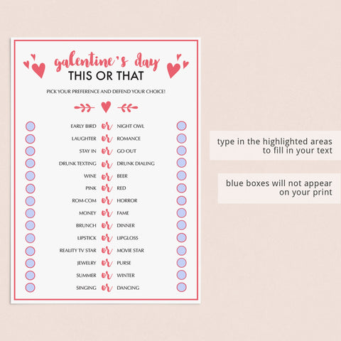 Fun Galentine's Day Party Game This Or That | Virtual & Printable ...