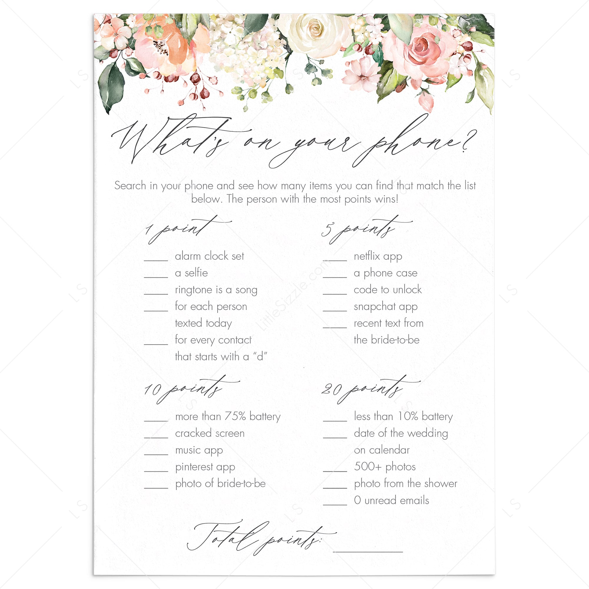 What's On Your Phone Game | Printable | Elegant Bridal Shower ...