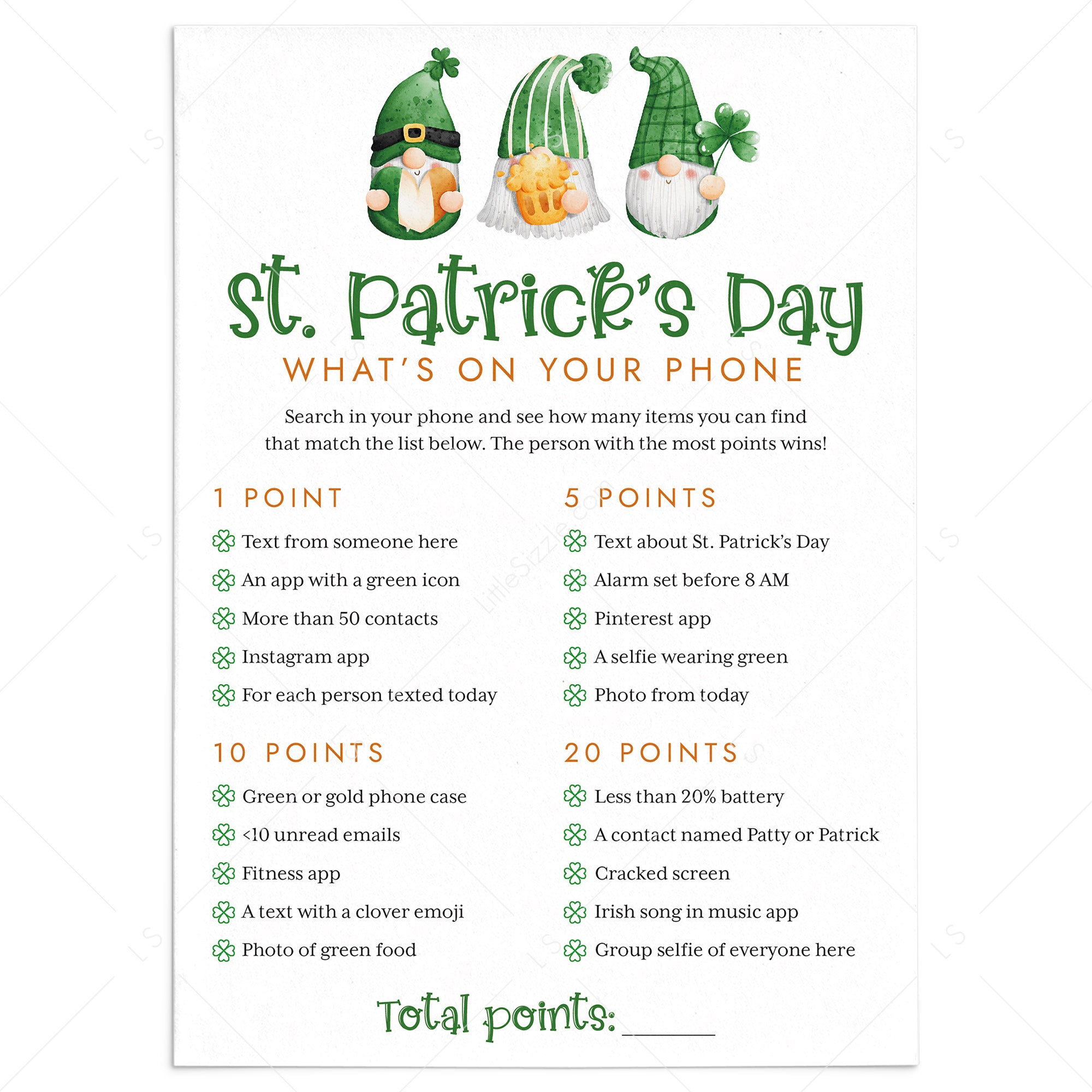 St. Patrick's Day What's On Your Phone Game Printable by LittleSizzle
