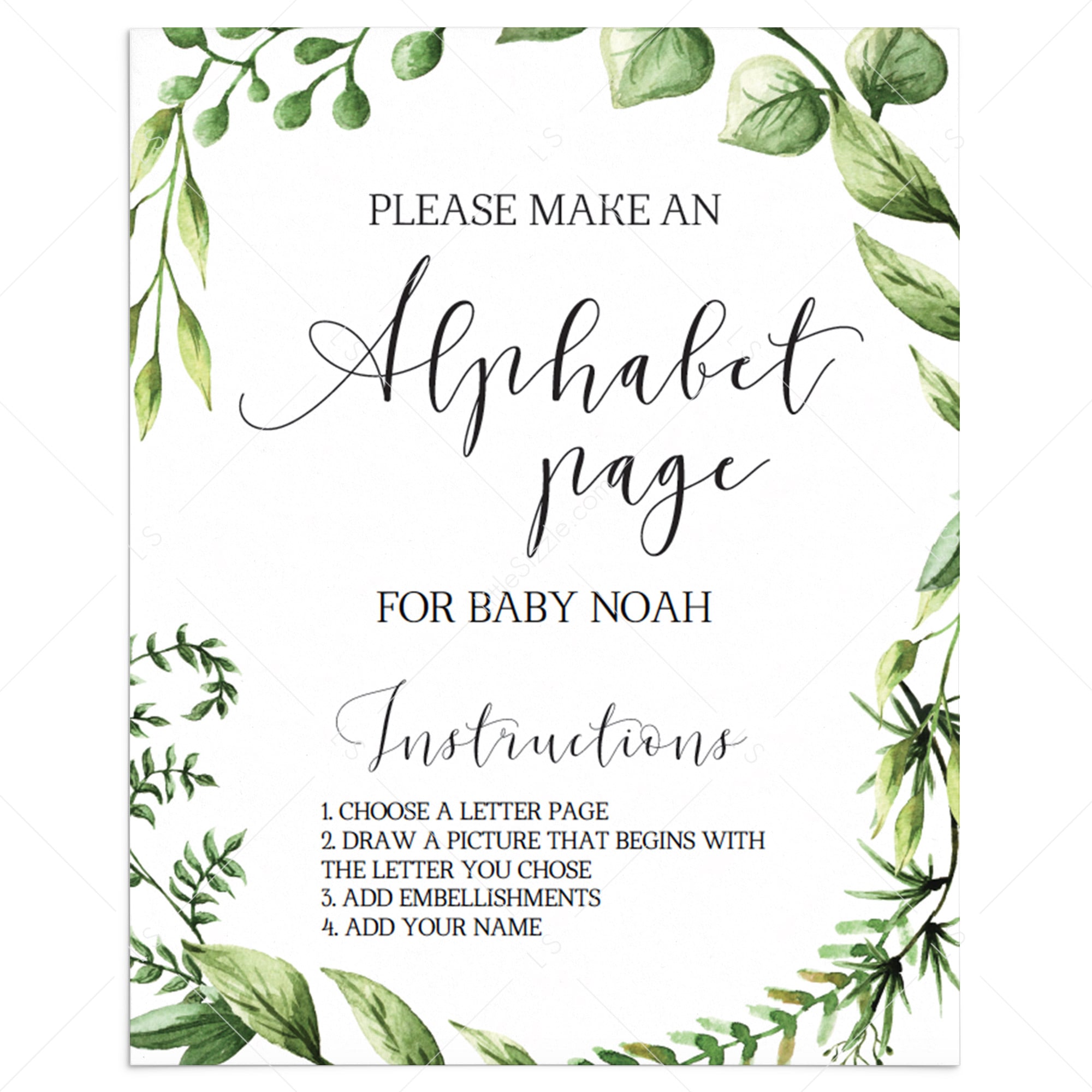 Greenery baby shower alphabet book signage printable by LittleSizzle