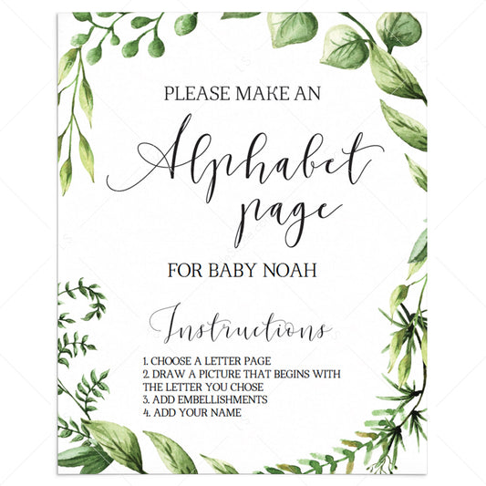 Greenery baby shower alphabet book signage printable by LittleSizzle
