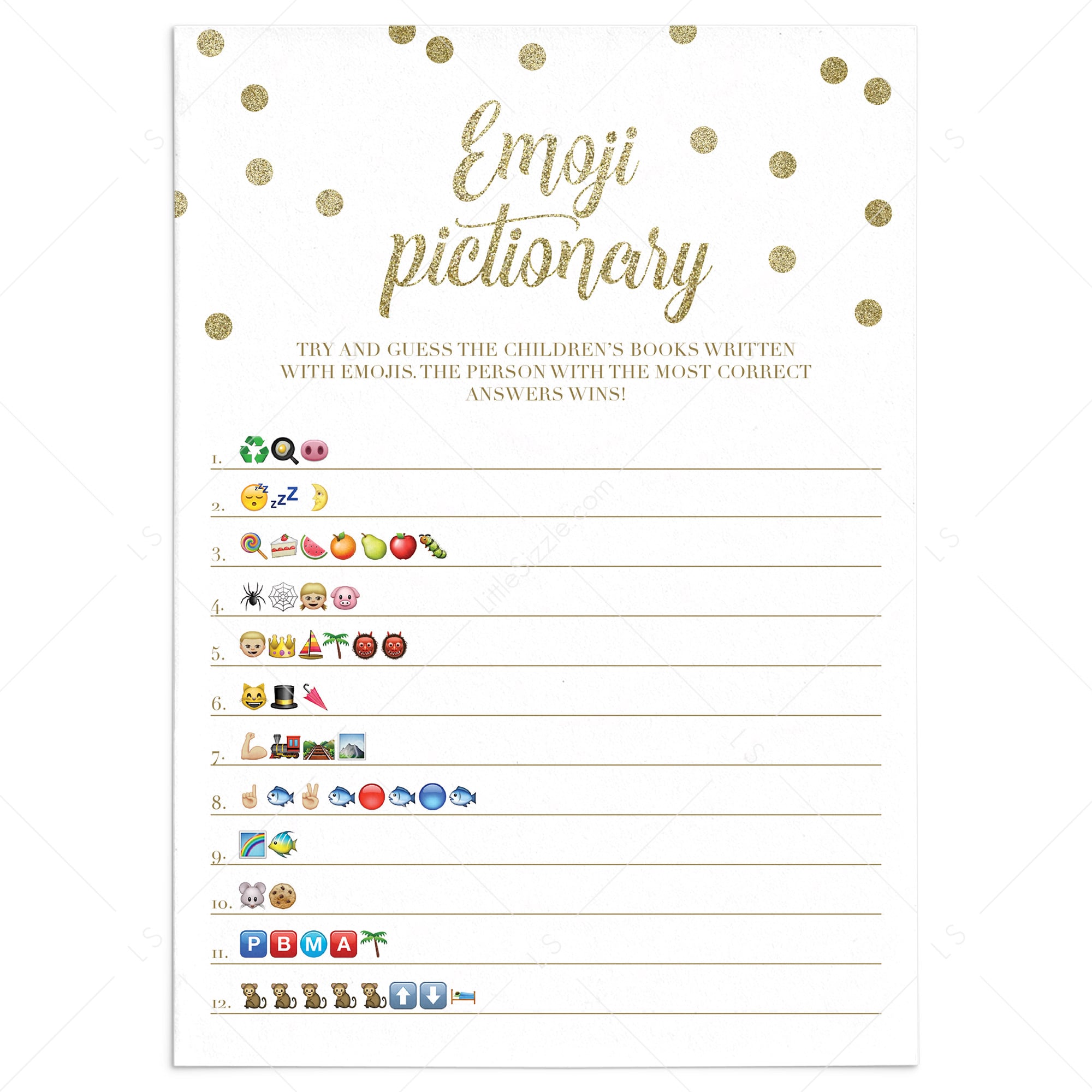 Emoji pictionary baby shower game gold confetti printable by LittleSizzle