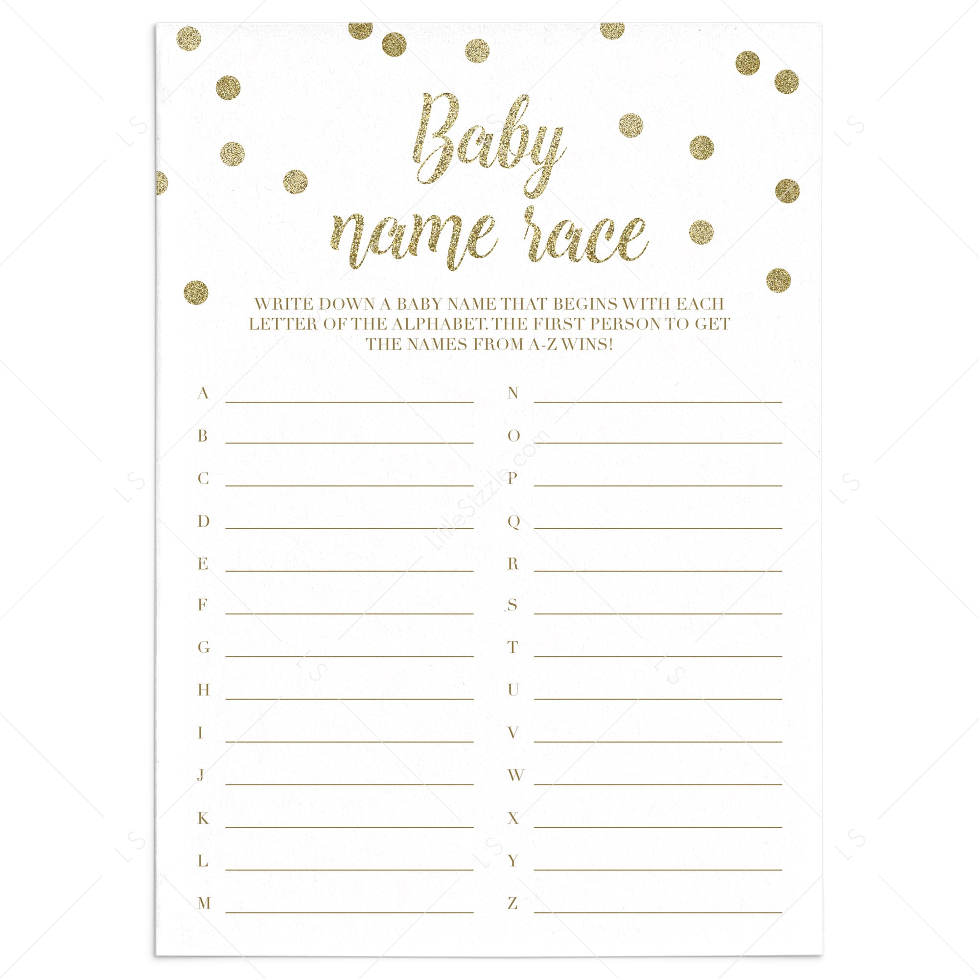 Gold baby shower games a to z baby names printable by LittleSizzle