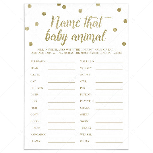 Guess the baby animal baby shower game gold printable by LittleSizzle
