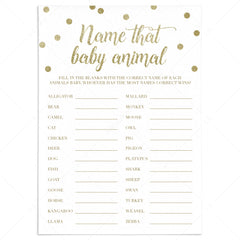 Guess the baby animal baby shower game gold printable by LittleSizzle