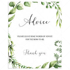 Baby shower advice sign printable with watercolor greenery by LittleSizzle