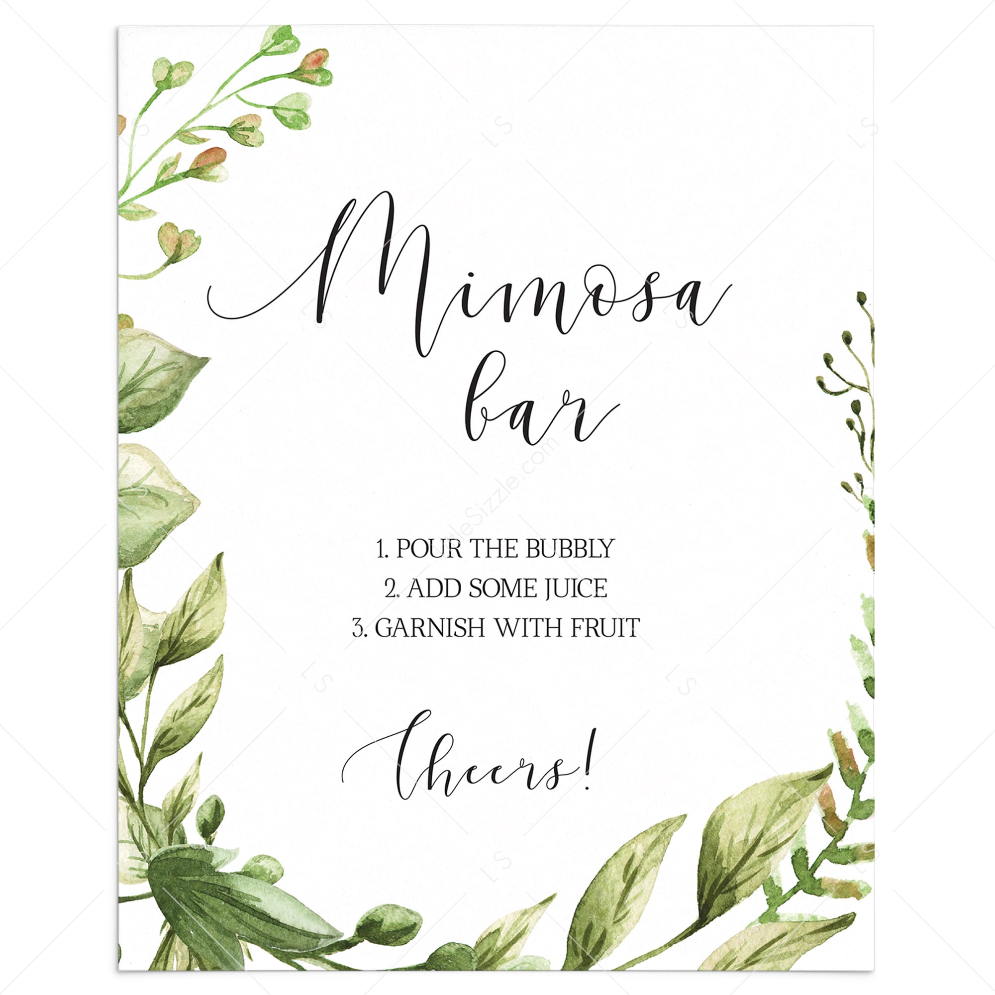 Printable Mimosa sign for baby shower watercolor leaves by LittleSizzle