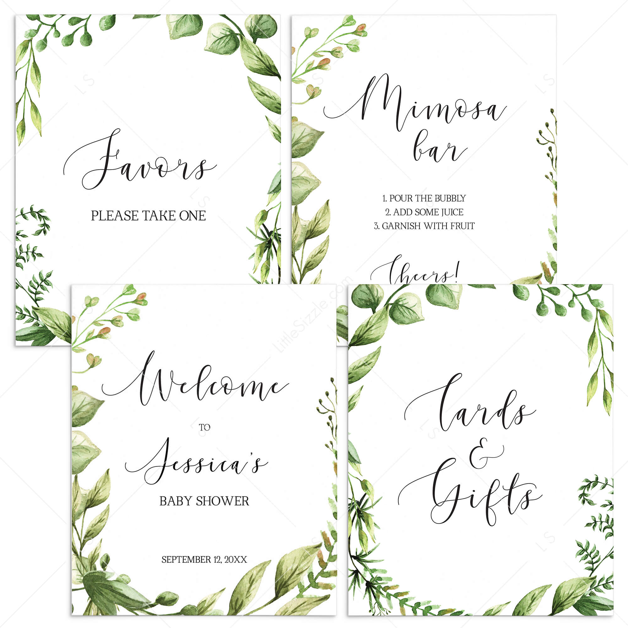 Watercolor Green Leaves Baby Shower Sign Package by LittleSizzle