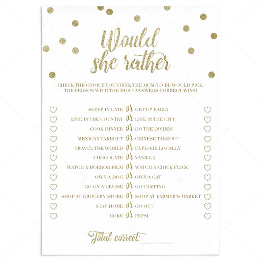 Printable would she rather baby shower game gold confetti by LittleSizzle