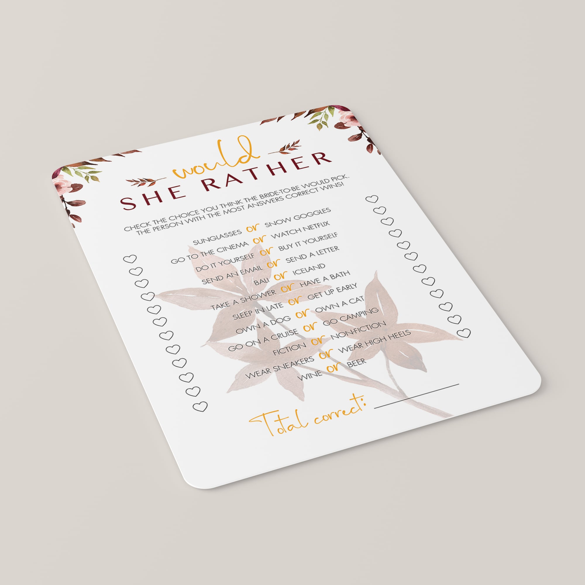 Printable fall leaves bridal shower game would she rather by LittleSizzle