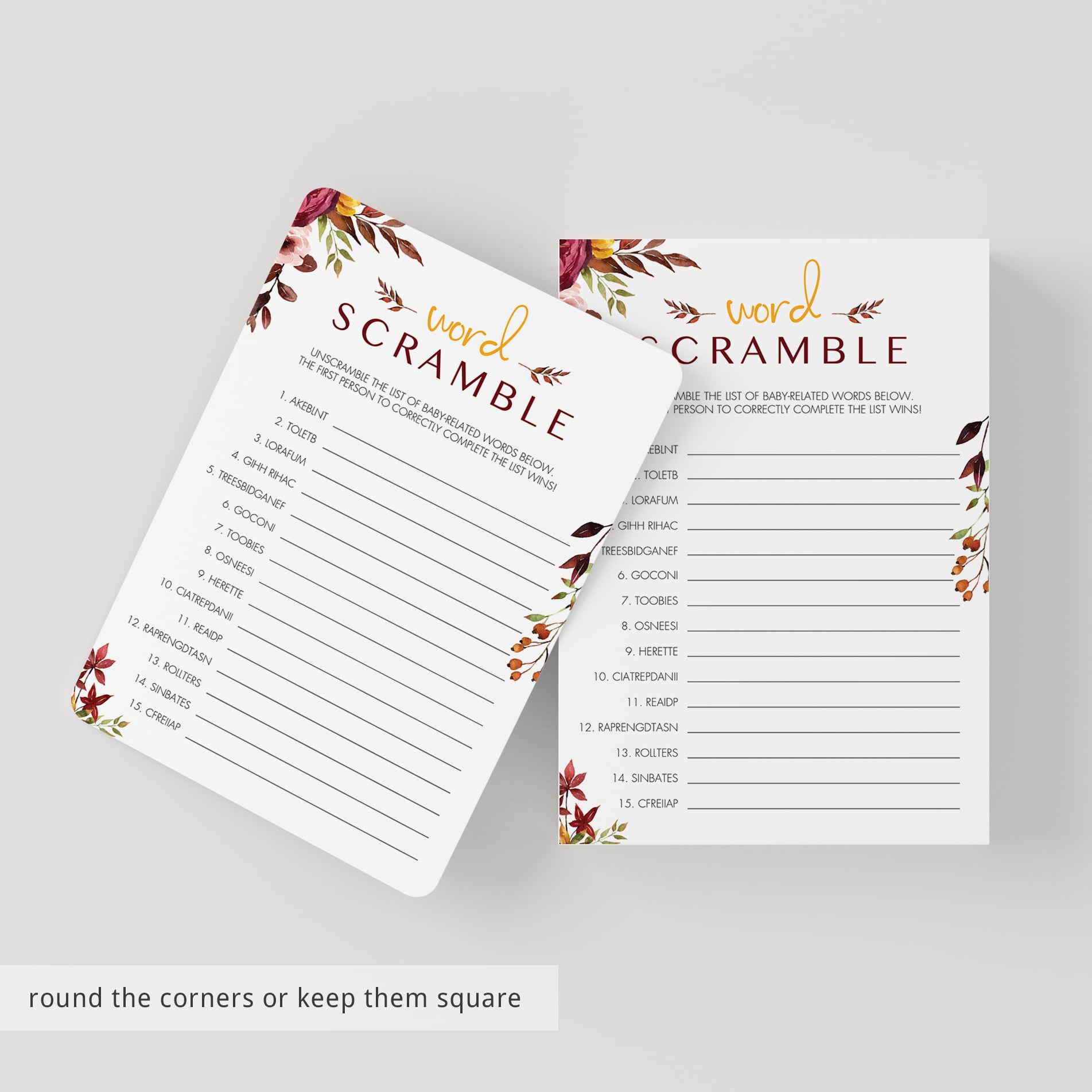 Word scramble baby shower game cards printable by LittleSizzle