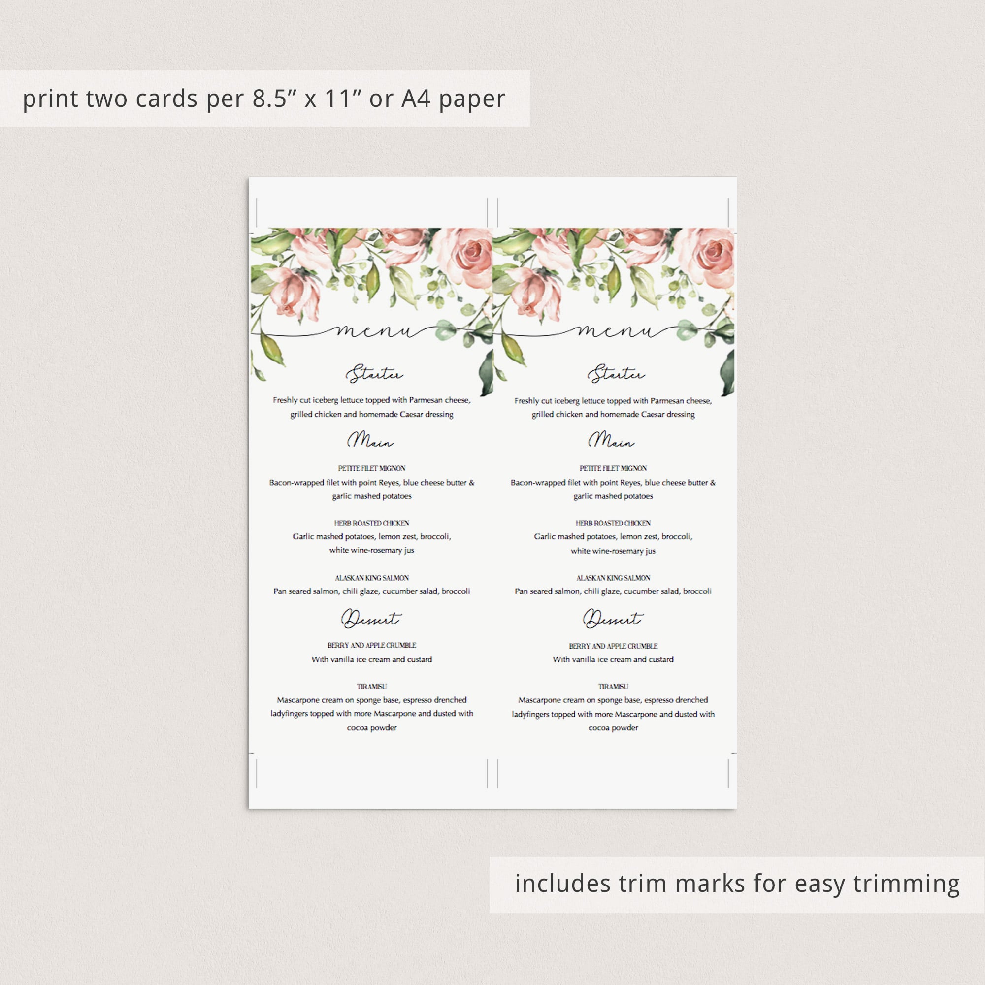 Blush floral menu cards instant download by LittleSizzle