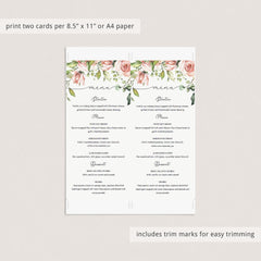 Blush floral menu cards instant download by LittleSizzle