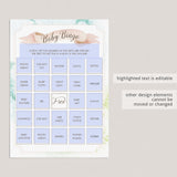 Blank printable baby bingo card with pink and green watercolor pastels by LittleSizzle