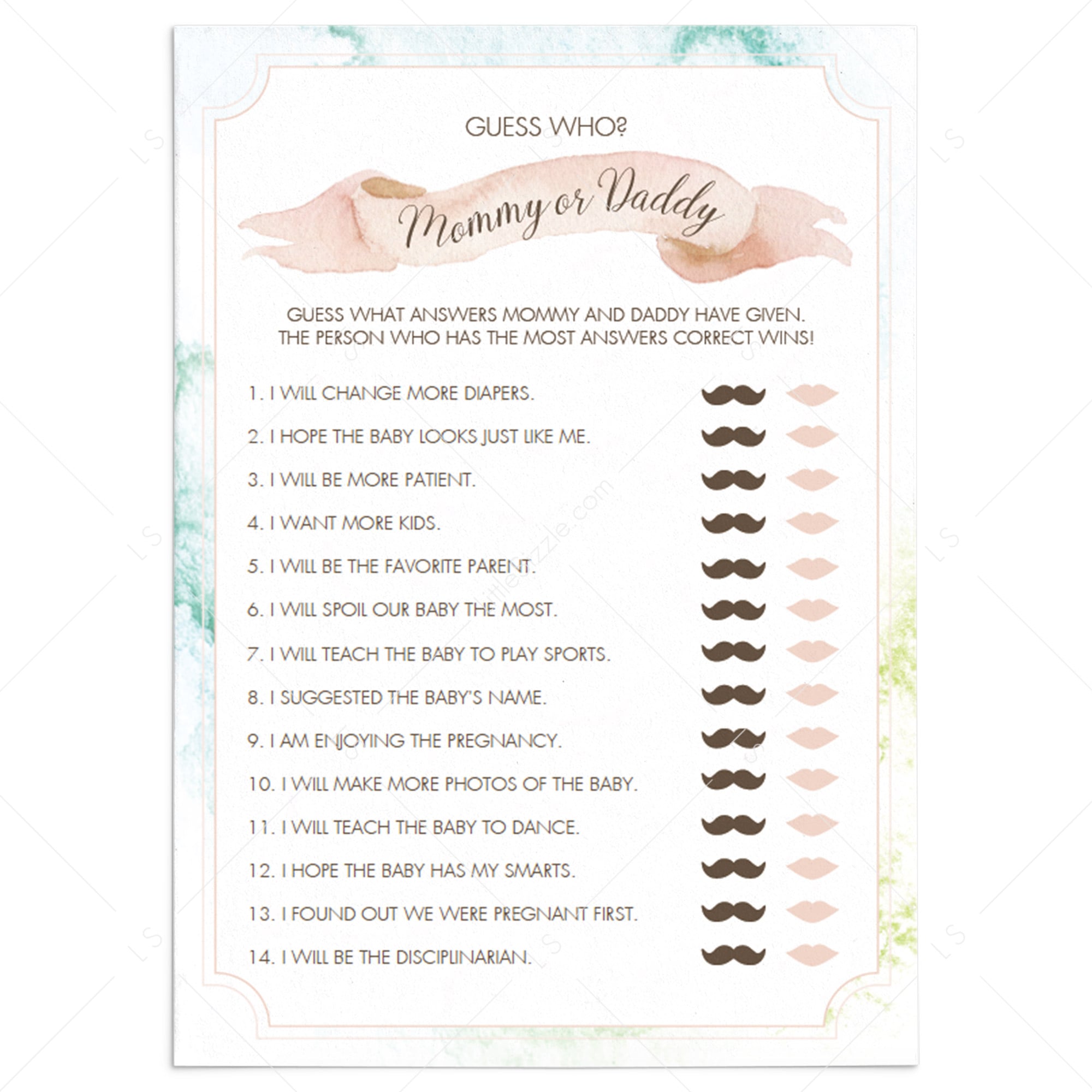 Blush watercolor mommy or daddy baby shower game by LittleSizzle
